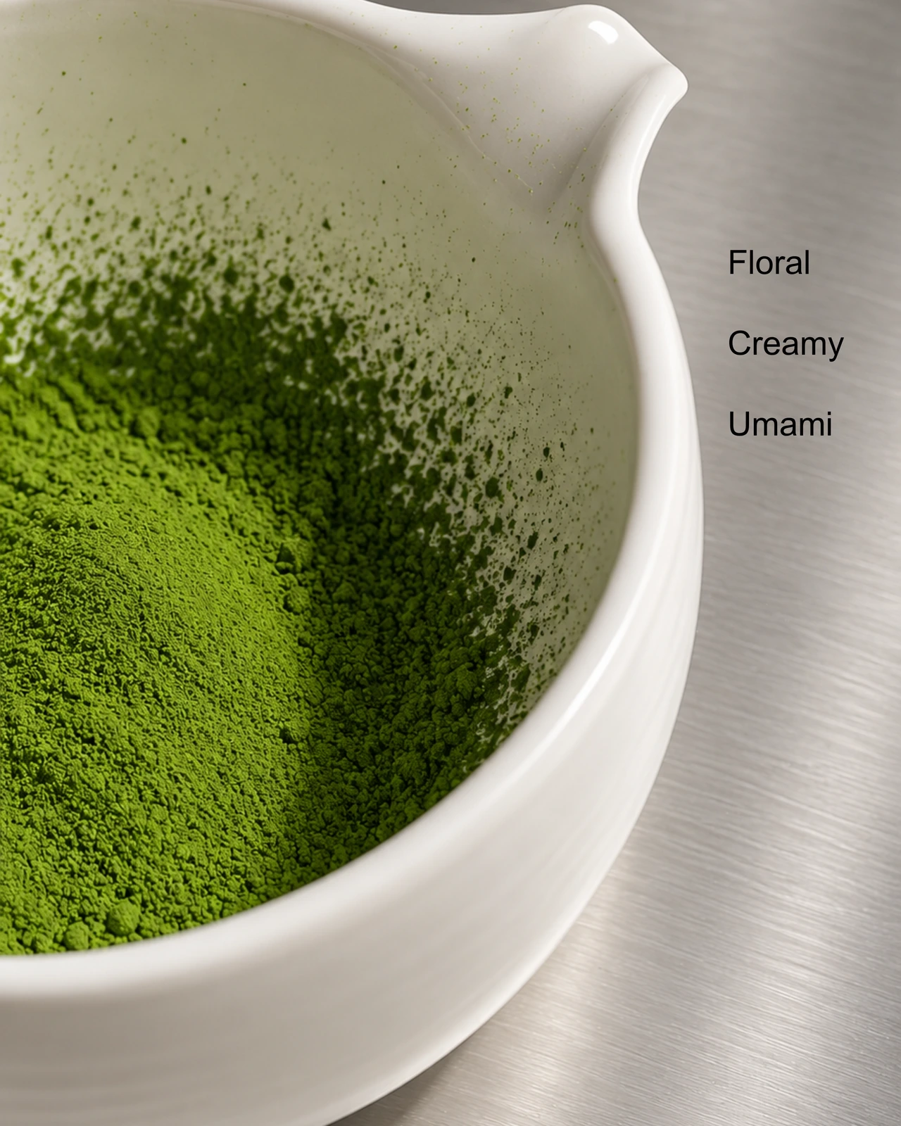 ผงมัตจะ Seiran ในถ้วยสีขาว พร้อมข้อความ Floral, Creamy และ Umami